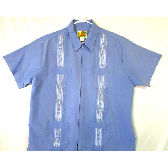 Haband Guayabera Shirt Mens XL Blue Zip Front Embroidered 4 Pocket Short Sleeve - Picture 1 of 10